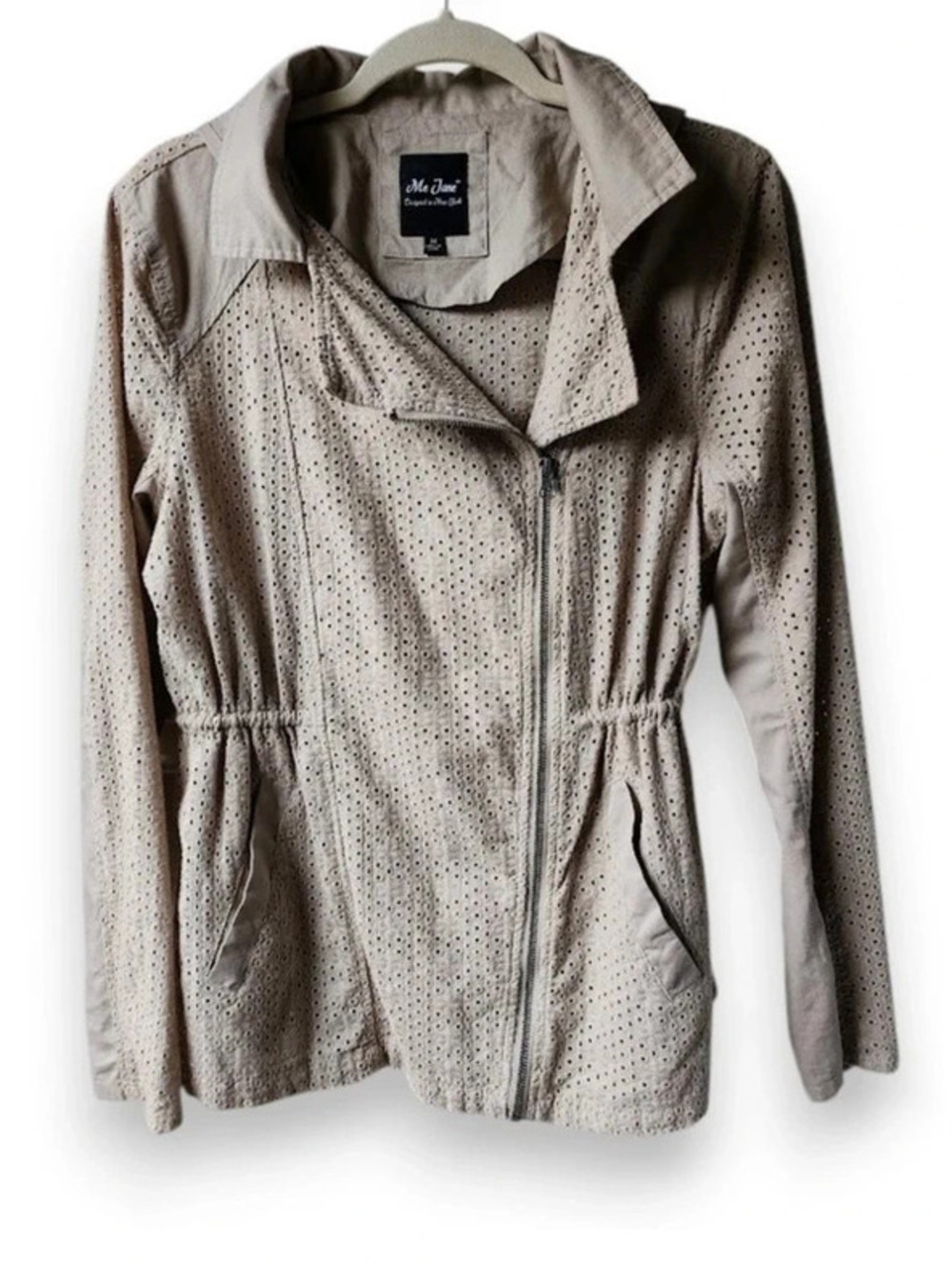 Me Jane floral eyelet beige jacket asymmetric zip front removable hood